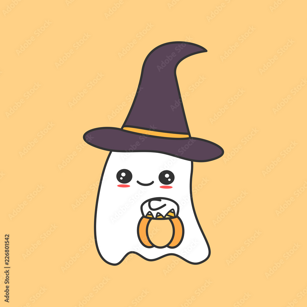 cute cartoon ghost with pumpkin funny vector halloween illustration