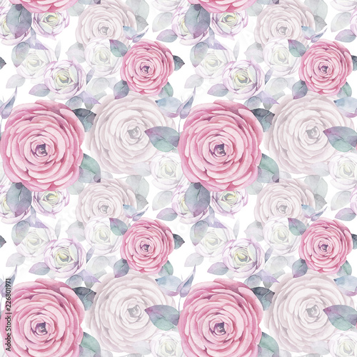 Watercolor illustration seamless pattern. Roses mixed background. Romantic wallpaper.