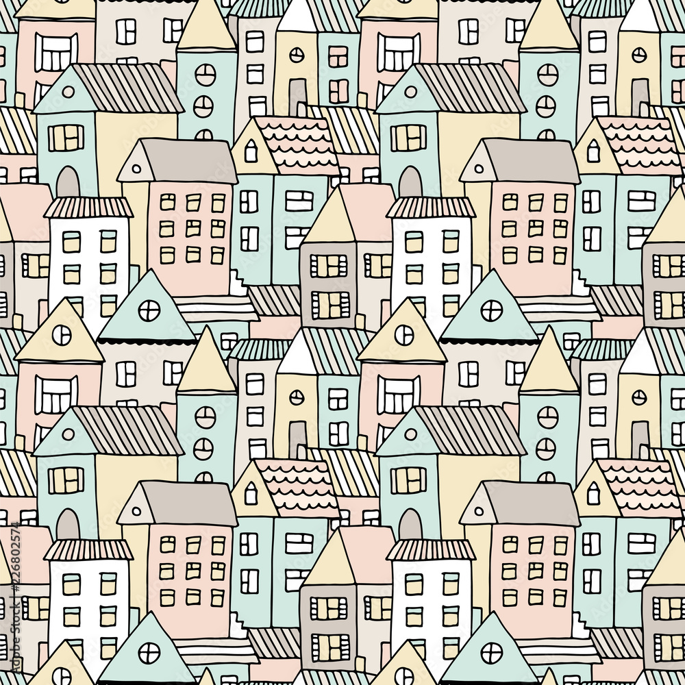 Hand drawn seamless pattern with doodle houses, vector background with cartoon town