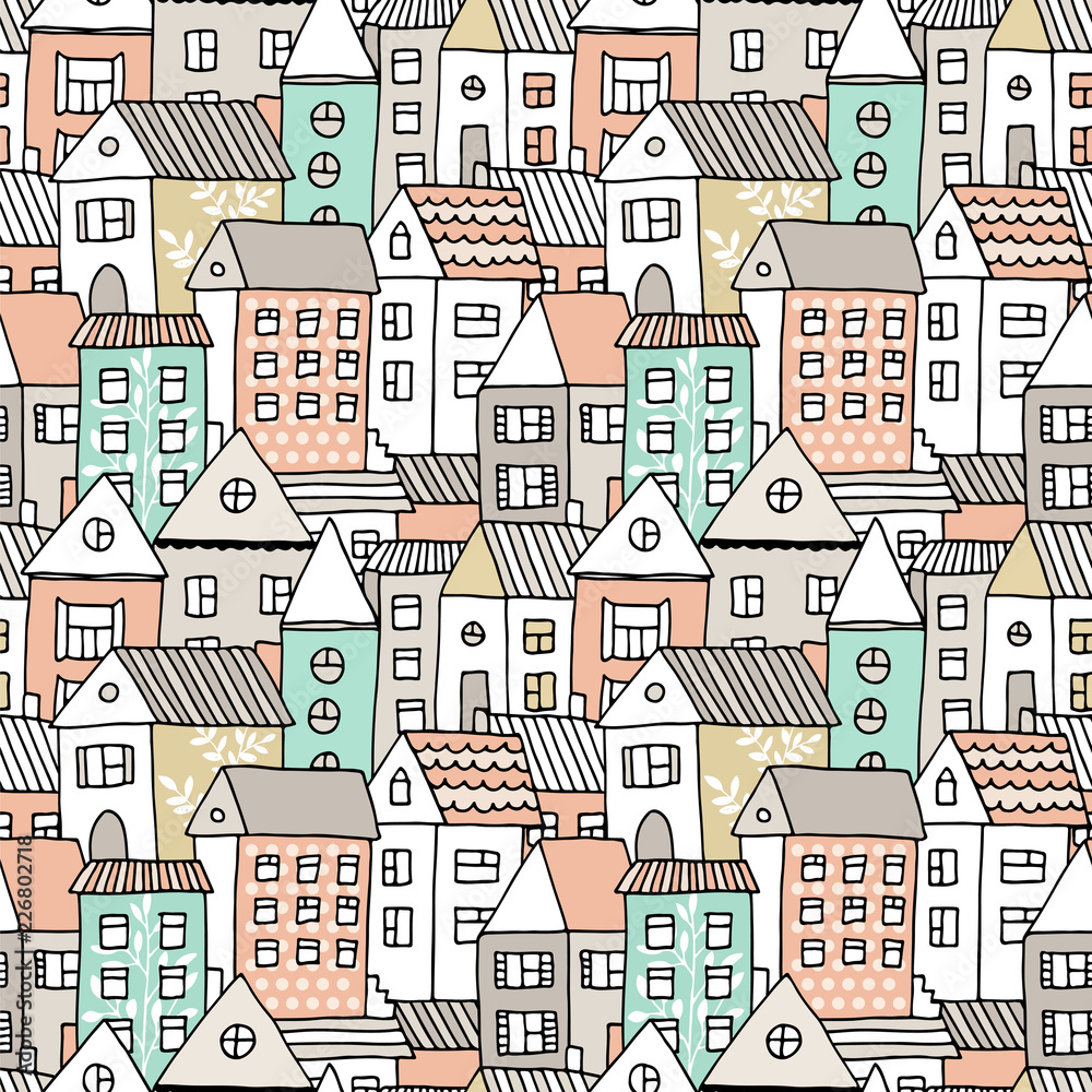 Hand drawn seamless pattern with doodle houses, vector background with cartoon town
