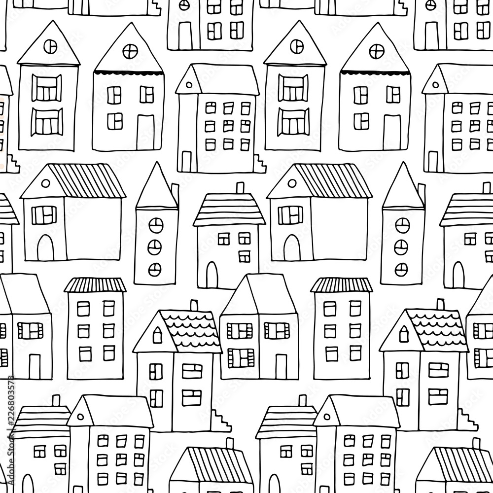 Hand drawn seamless pattern with doodle houses, vector background with cartoon town Hand drawn seamless pattern with doodle houses, vector background with cartoon town