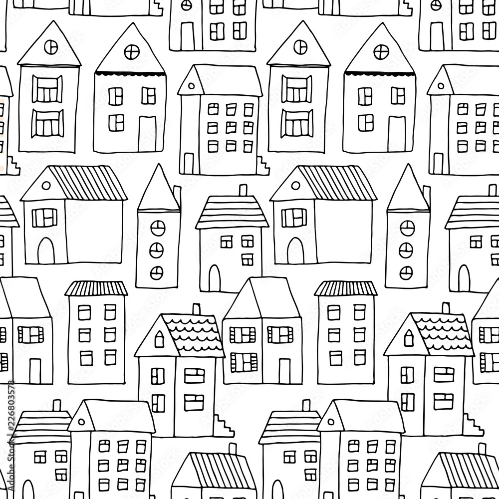 Hand drawn seamless pattern with doodle houses, vector background with cartoon town