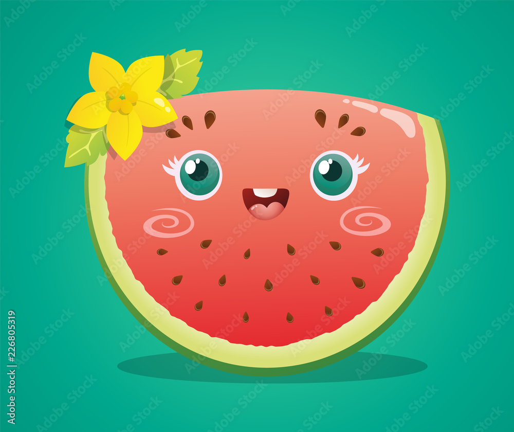 Cute watermelon slice character with yellow flower. Vector illustration isolated on green background. Cute watermelon slice character with yellow flower. Vector illustration isolated on green background.