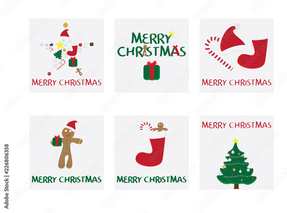 Set of 6 Christmas cards. Merry Christmas card with vector illustrations. Christmas gifts tags