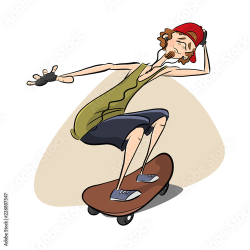 Funny teenager on a skateboard listening music. Cartoon vector.