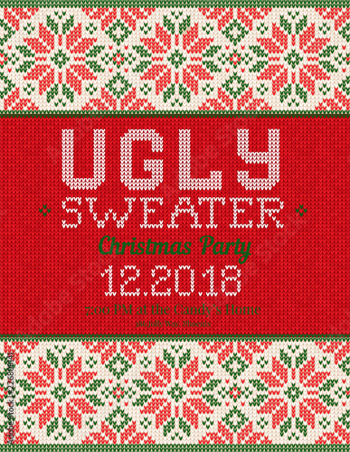 Ugly sweater Christmas party invite, knitted background pattern scandinavian ornaments