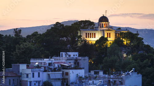 Evening view of the National Observatory on the Hill of Nymphs in Athens, Greece. 