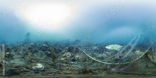 The ocean problem with ghost nets fishing, underwater photo 360 