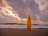 surfboard on the beach in sea shore at sunset time with beautiful light
