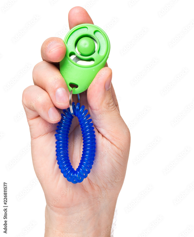 Man hand holding dog clicker positive reinforcement training tool for