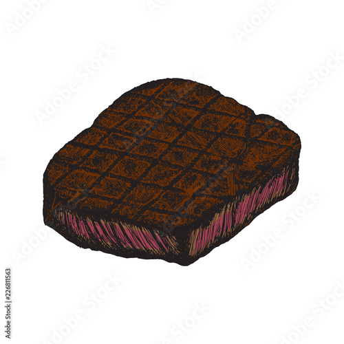 A Piece of Yummy Beef Steak, Vintage Look Hand Draw Style Beef Steak on iSolated White Background