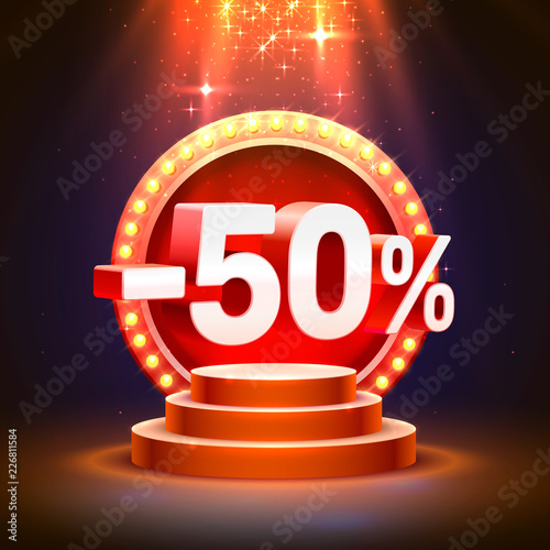 Podium 50 off with share discount percentage. Vector illustration