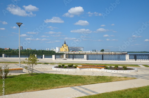 Nizhnevolzhskaya embankment in Nizhny Novgorod city, Russia. View of the Arrow and Alexander Nevsky Cathedral