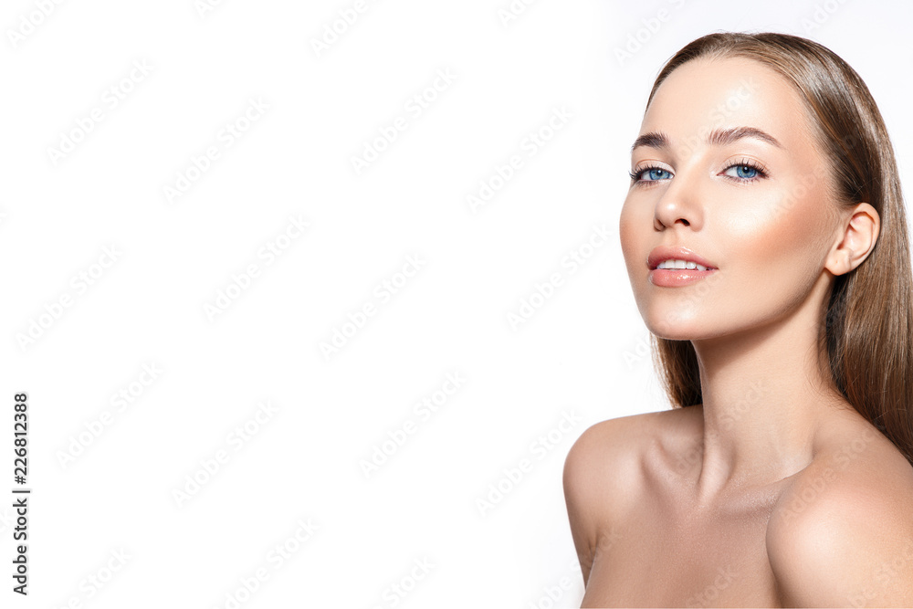 Beautiful woman portrait with fresh clear skin and nude make up. Beautiful woman portrait with fresh clear skin and nude make up.