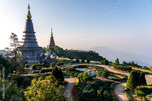 Sunrise at Phra Mahathat. Two chedis - Naphamethinidon and Naphaphonphumisiri, near the summit of Doi Inthanon. These two stupas are dedicated to the recently late king and his wife.