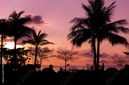 Dark silhouettes of palm trees and a yacht on the wate and amazing cloudy sky on sunset at Koh Samui island, Coconut trees, beach, sunset, orange, red sky, beautiful sky © Nantawit