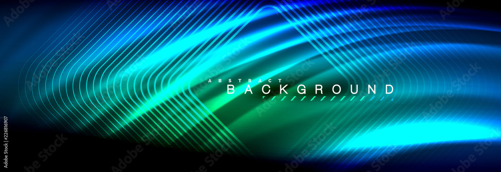 Neon glowing fluid wave lines, magic energy space light concept, abstract background wallpaper design Neon glowing fluid wave lines, magic energy space light concept, abstract background wallpaper design