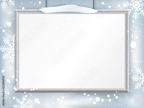 Christmas certificate with grey realistic border on snowflake background. Clean design, realistic effect shadow. Winter background. Empty blank