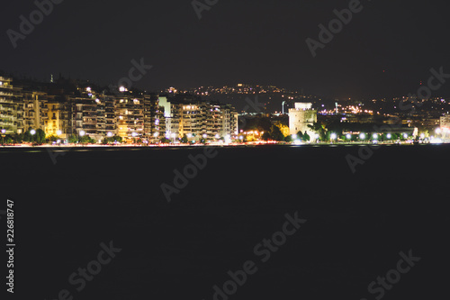 Beach in the evening of Thessaloniki  Greece.Night lanterns. The light of the night city.