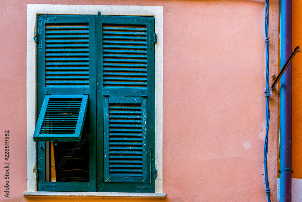 Green window on a pink wall in Vernazza Italy