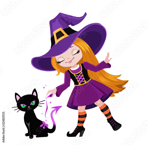Cute witch conjures by pouring out a magic potion on a black cat.