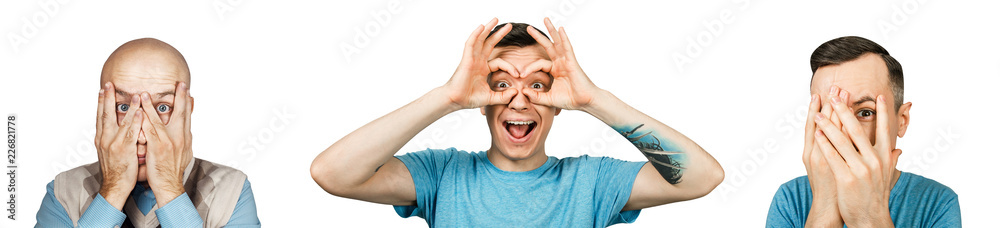 Set of portraits of people closing face with hands isolated on a white background. Set of portraits of people closing face with hands isolated on a white background.