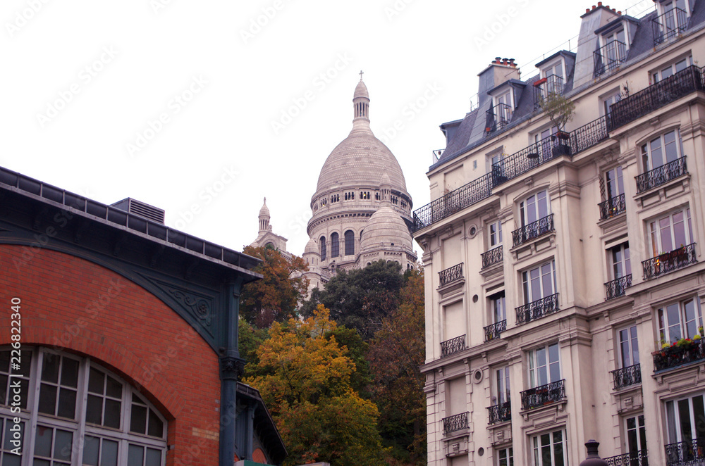 The Basilica of the Sacré Coeur in Montmartre in Paris with trees