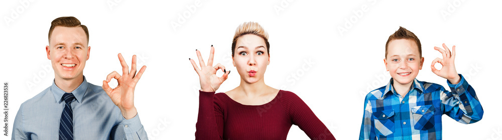 Set of portraits of young people showing ok sign isolated on a white background. Set of portraits of young people showing ok sign isolated on a white background.