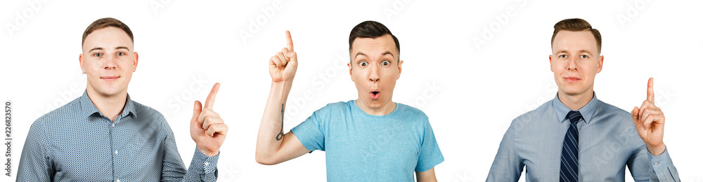 Set of portraits of young people showing index finger up isolated on a white background. Set of portraits of young people showing index finger up isolated on a white background.
