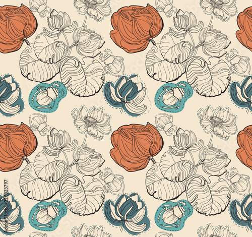 Seamless background with water lilies and scarabs for textiles, wrapping paper, wallpaper.  Vector  texture
