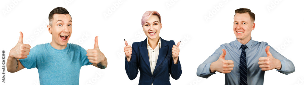 Set of portraits of young people showing thumb up isolated on a white background. Set of portraits of young people showing thumb up isolated on a white background.