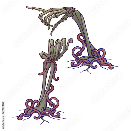 Halloween design elements. Set of skeleton hands pointing with a finger and holding a banner. linear drawing isolated on white background. EPS10 vector illustration
