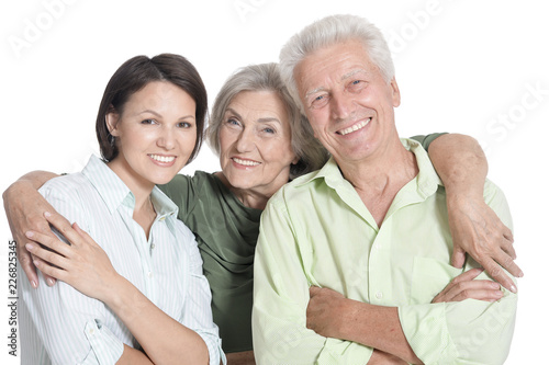 Portrait of happy senior parents with daughter, isolated