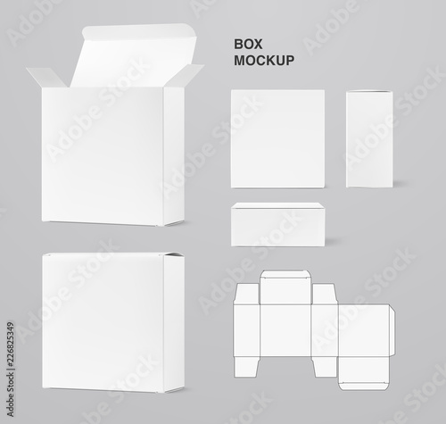Set of realistic vector elements for presentation carton boxes. Vector illustration on gray background. Can be use for medicine, food, cosmetic and other. Ready for your design. EPS10.