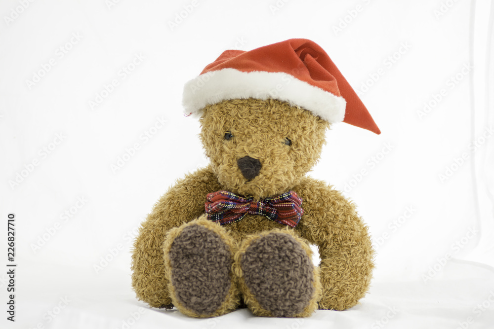 Teddy Bear with Christmas Hat sitting on white background Teddy Bear with Christmas Hat sitting on white background