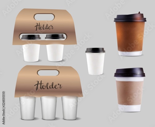 Coffee Cups Holder Set Vector. Realistic Mockup. Empty Packaging For Carrying.Three Cups. Hot Drink. Take Away Cafe Coffee Cups Holder Mockup. Isolated Illustration