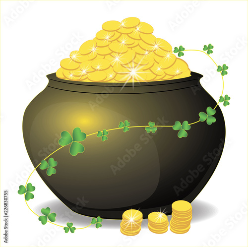 Pot full of money. The glow of gold. Many gold coins. Sprig of clover flower, Shamrock.. White, isolated. Vector