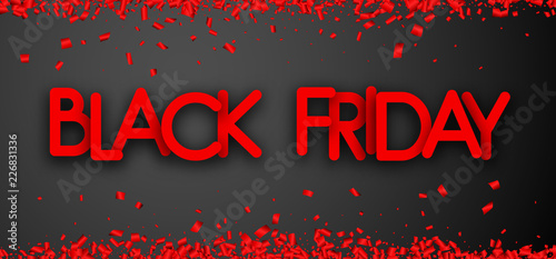 Black friday sale promo banner with red paper confetti.