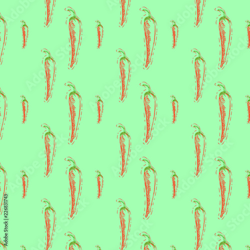 Seamless pattern with red hot chili peppers on green background. Vector illustration of vegetables eps 8