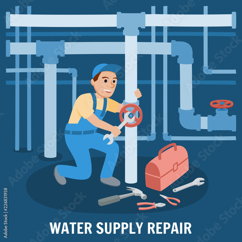 Water Supply Repair. Vector Illustration.