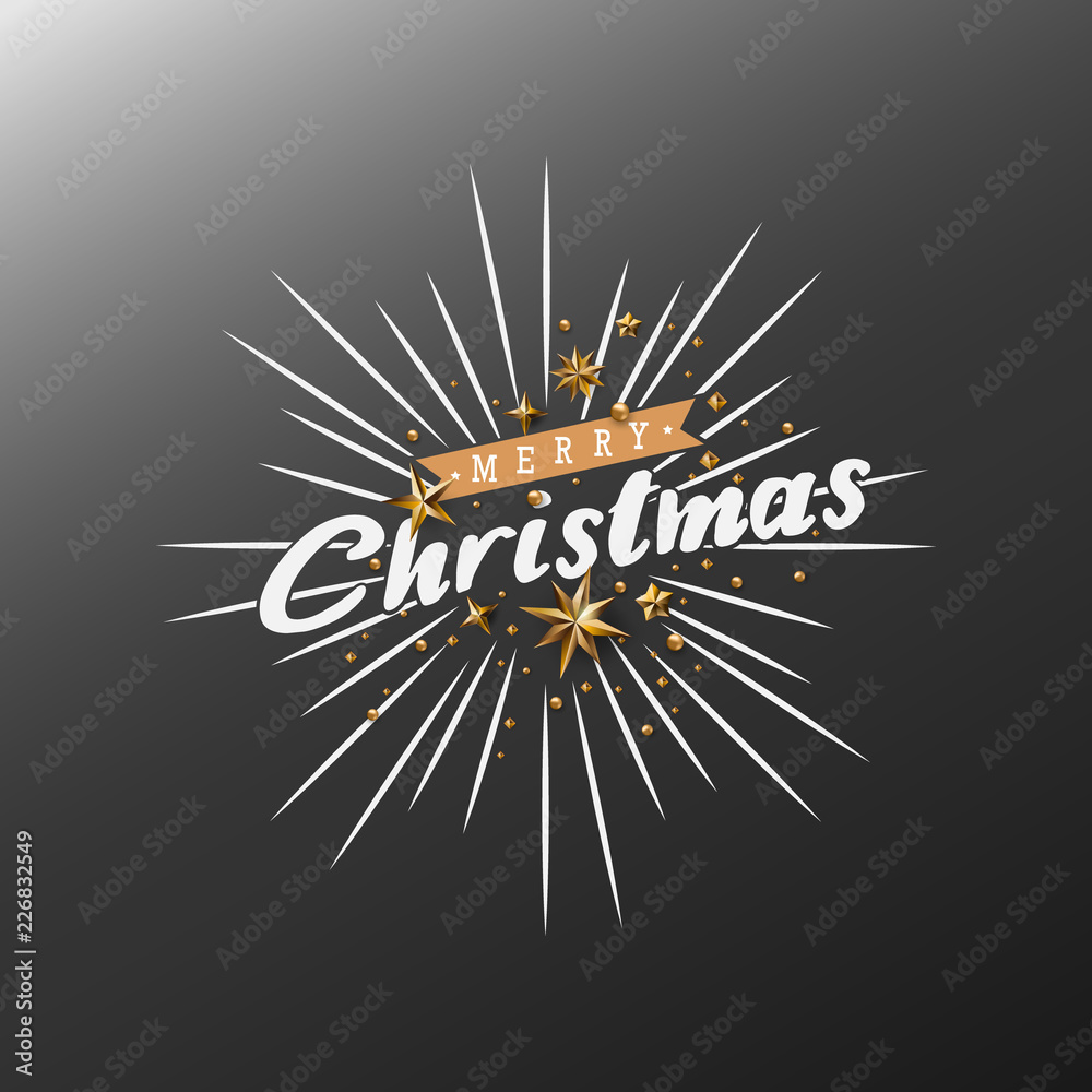 Merry Christmas Calligraphic Design and Decorated with Golden Stars and Beads and pyramid on dark grey background
