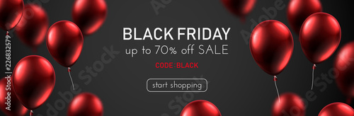Black friday sale promotion banner with red shiny balloons. photo