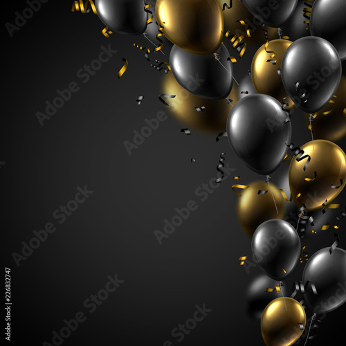 Festive background with black and gold shiny balloons and serpentine.