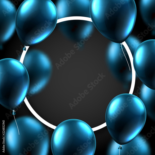 Festive background with white round frame and blue balloons.