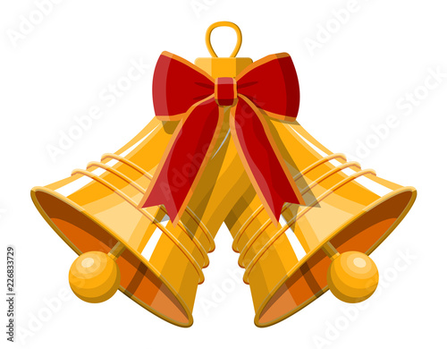 Gold ringing christmas bells with red bow. Happy new year decoration. Merry christmas holiday. New year and xmas celebration. Vector illustration in flat style