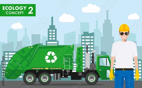 Ecology concept. Detailed illustration of garbage man in uniform and garbage truck on modern cityscape background in flat style. Vector illustration.