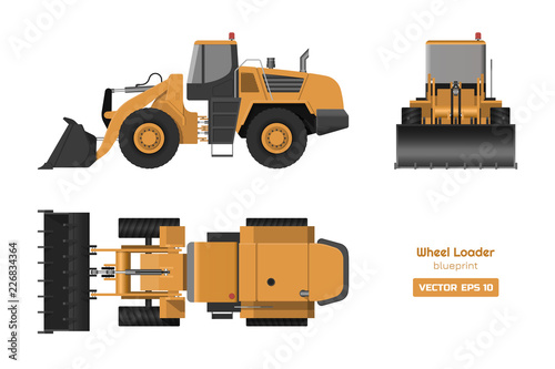 Wheel loader on white background. Top, side and front view. Hydraulic machinery image. Industrial drawing of bulldozer. Diesel digger blueprint