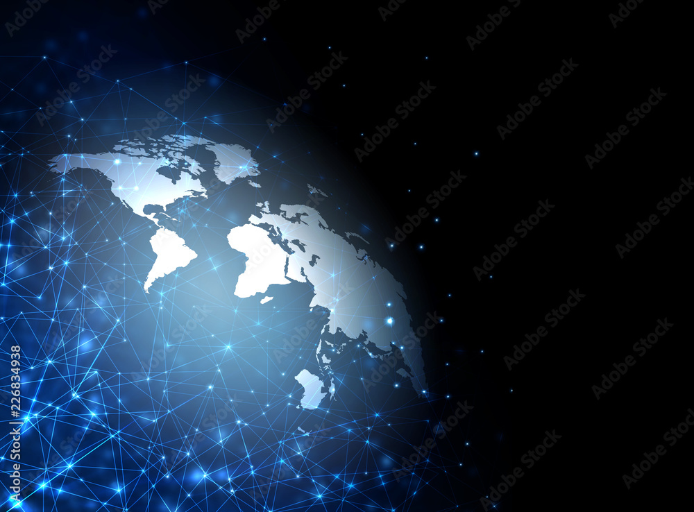 Fototapeta premium World map on a technological background, glowing lines symbols of the Internet, radio, television, mobile and satellite communications.