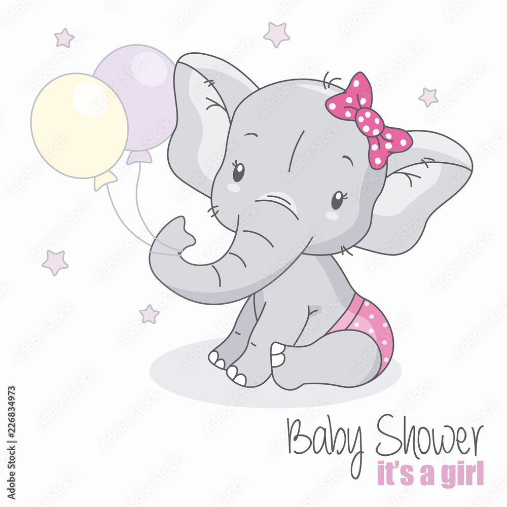 Naklejka premium baby shower dziewczyna. Śliczny słoń z balonami.