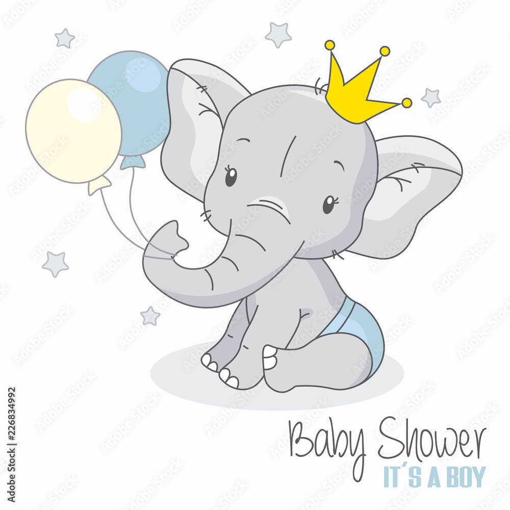 Obraz premium baby shower boy. Śliczny słoń z balonami.